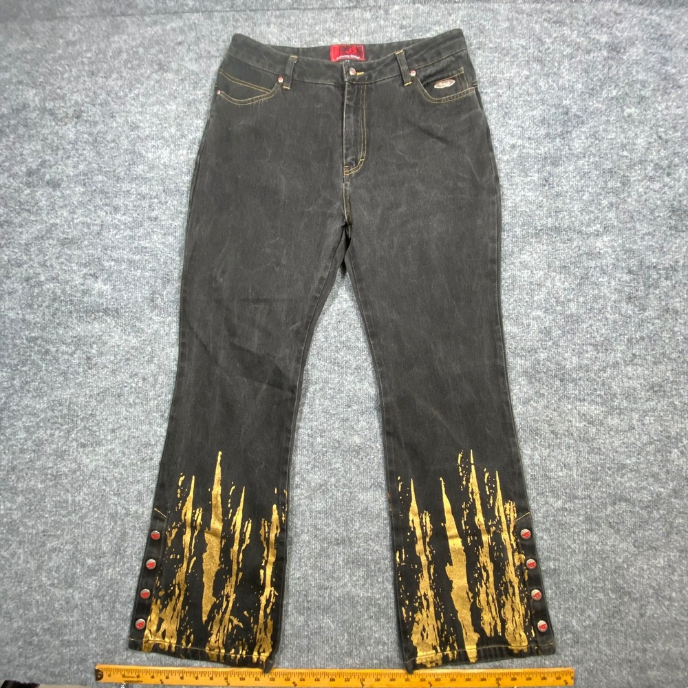 Johnny Blaze Womens Black Denim Flare Jeans Gold Flame Embellishment Size 15 16‎